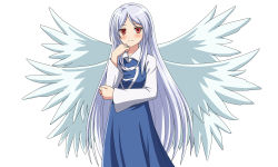 Rule 34 | 1girl, absurdres, angel, angel wings, asatsuki (fgfff), blue dress, blush, breasts, closed mouth, collared shirt, dress, feathered wings, hand on own face, highres, long hair, long sleeves, looking at viewer, multiple wings, red eyes, sariel (touhou), shirt, simple background, smile, solo, touhou, touhou (pc-98), very long hair, white background, white hair, white shirt, wings