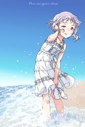 Rule 34 | 1girl, absurdres, bare arms, bare shoulders, beach, blue sky, cloud, commentary request, day, dress, guriko (mossari), highres, idolmaster, idolmaster million live!, jewelry, looking at viewer, makabe mizuki, necklace, one eye closed, outdoors, purple hair, ribbon-trimmed dress, sandals, shoes, shore, short hair, sky, sleeveless, sleeveless dress, solo, sundress, unworn footwear, unworn sandals, unworn shoes, water, white dress, yellow eyes