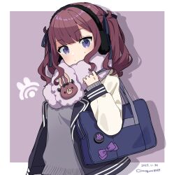 Rule 34 | 1girl, bag, binchou maguro, black jacket, black ribbon, blazer, border, brown hair, cevio, character badge, closed mouth, commentary, dated, drop shadow, earmuffs, ekaterina (synthesizer v), expressionless, grey sweater, hair ribbon, hand up, highres, holding strap, jacket, light blush, long hair, long sleeves, looking at viewer, mole, mole on cheek, multicolored clothes, multicolored jacket, natsuki karin, neck warmer, open clothes, open jacket, outside border, purple background, purple eyes, ribbon, school bag, school uniform, shoulder bag, simple background, solo, sweater, symbol-only commentary, synthesizer v, twintails, twitter username, two-tone jacket, upper body, wavy hair, white border, white sleeves
