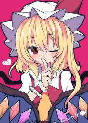 Rule 34 | 1girl, ;), ascot, beni shake, blonde hair, blush, crystal, flandre scarlet, hat, hat ribbon, heart, index finger raised, looking at viewer, mob cap, one-hour drawing challenge, one eye closed, pink background, red eyes, red ribbon, ribbon, side ponytail, smile, solo, touhou, upper body, wings, wrist cuffs