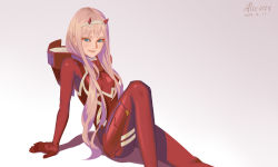 Rule 34 | 10s, 1girl, arm support, bodysuit, darling in the franxx, dated, eyeshadow, green eyes, grey background, hairband, highres, horns, knee up, long hair, looking at viewer, makeup, parted lips, pink hair, reclining, red bodysuit, signature, smile, solo, tea sly, zero two (darling in the franxx)