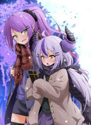 Rule 34 | 2girls, absurdres, ahoge, bag, blonde hair, box, coat, demon horns, fang, felutiahime, gift, gift box, green eyes, handbag, highres, holding, holding gift, hololive, horns, la+ darknesss, long hair, looking at another, multiple girls, open mouth, outdoors, ponytail, purple hair, scarf, sleeves past fingers, sleeves past wrists, smile, snow, tokoyami towa, virtual youtuber