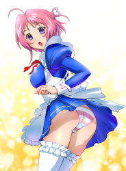 Rule 34 | 00s, 1girl, ahoge, apron, ascoeur, ass, blue skirt, heart, kiddy girl-and, kiddy grade, maid, maid apron, open mouth, panties, pantyshot, pink hair, purple eyes, skirt, solo, striped clothes, striped panties, thighhighs, ueyama michirou, underwear, upskirt