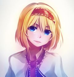 Rule 34 | 1girl, alice margatroid, blonde hair, blue eyes, commentary, english commentary, frilled hairband, frills, gradient background, hair between eyes, hairband, head tilt, looking at viewer, portrait, short hair, simple background, solo, speckticuls, touhou