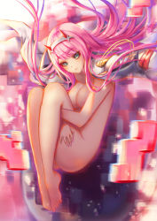 Rule 34 | 10s, 1girl, barefoot, breasts, chococuco, cleavage, darling in the franxx, green eyes, headband, highres, horns, jacket, jacket on shoulders, hugging own legs, long hair, looking at viewer, medium breasts, nude, pink hair, solo, zero two (darling in the franxx)