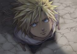Rule 34 | 1boy, aged down, blonde hair, blue eyes, child, clenched hands, closed mouth, cloud strife, earrings, final fantasy, final fantasy vii, from above, hair between eyes, jewelry, looking up, low ponytail, male focus, medium hair, nibelheim, popochan-f, shirt, single earring, solo, spiked hair, square enix, t-shirt, white shirt