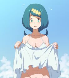 Rule 34 | 1girl, blush, breasts, bright pupils, cleavage, clothes lift, collarbone, commentary request, creatures (company), day, dress, dress lift, ero kaeru, female pubic hair, freckles, game freak, green eyes, green hair, hairband, lana&#039;s mother (pokemon), lifting own clothes, long hair, looking down, mature female, medium breasts, nintendo, no sclera, open mouth, outdoors, pokemon, pokemon (anime), pokemon sm (anime), pubic hair, sky, smile, solo, white dress, white pupils, yellow hairband