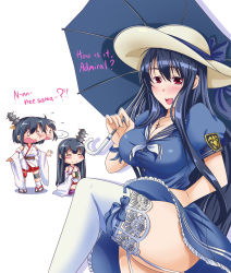 Rule 34 | 3girls, ^ ^, alternate costume, black hair, blue dress, blush, breasts, chibi, cleavage, closed eyes, commentary, confused, cosplay, costume switch, cup, detached sleeves, dress, english text, closed eyes, fusou (kancolle), fusou (kancolle) (cosplay), garter straps, hair ornament, hat, highres, holding, holding cup, holding umbrella, iowa (pacific), iowa (pacific) (cosplay), japanese clothes, jewelry, kantai collection, kuon (nokokopopo) (style), lace, lace-trimmed dress, lace-trimmed legwear, lace trim, large breasts, leg up, long hair, look-alike, looking at another, looking at viewer, mole, mole under eye, multiple girls, necklace, nontraditional miko, o o, open mouth, pacific (kancolle), parody, red eyes, ribbon-trimmed legwear, ribbon trim, sailor dress, sandals, seiza, short hair, sitting, smile, socks, solid oval eyes, style parody, sun hat, thighhighs, umbrella, white legwear, yamashiro (kancolle), yunomi
