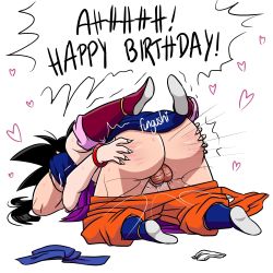 Rule 34 | 1boy, 1girl, anal, ass, ass focus, chi-chi (dragon ball), dragonball z, fucked silly, fungushi, highres, mature female, muscular, muscular male, penis, pussy, sex, son goku, testicles, text focus, vaginal