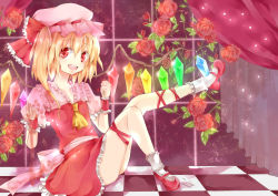 Rule 34 | 1girl, ascot, bad id, bad pixiv id, blonde hair, crystal, curtains, embodiment of scarlet devil, female focus, flandre scarlet, flower, frills, full body, hat, hat ribbon, highres, holding, indoors, leaf, leg up, mary janes, no nose, open mouth, red eyes, red theme, ribbon, rose, shishina, shoes, short hair, short sleeves, side ponytail, sitting, skirt, socks, solo, touhou, wings, wrist cuffs