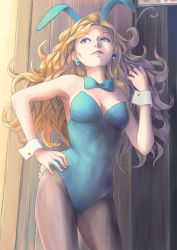 Rule 34 | 1girl, animal ears, black pantyhose, blonde hair, blue bow, blue bowtie, blue eyes, bow, bowtie, breasts, chunsoft, cleavage, cowboy shot, dragon quest, dragon quest iii, earrings, enix, fake animal ears, hand on own hip, jester (dq3), jewelry, large breasts, leotard, long hair, pantyhose, playboy bunny, rabbit ears, rabbit tail, solo, tail, taruya, wavy hair, wrist cuffs