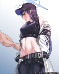 Rule 34 | 1girl, armband, baseball cap, belt, black gloves, black hair, black headwear, black pants, black shirt, blue archive, blue background, blue eyes, buckle, chest harness, closed eyes, crop top, duplicate, gloves, gradient background, halo, harness, hat, highres, jacket, long hair, midriff, navel, pants, poking belly, saori (blue archive), shirt, simple background, sleeveless, sleeveless shirt, snap-fit buckle, tears, trembling, tscplayer, underbust, white background, white jacket