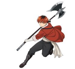 Rule 34 | 1boy, axe, bandaged arm, bandages, battle axe, black footwear, black gloves, black pants, boots, fingerless gloves, full body, gloves, holding, holding axe, holding weapon, jacket, looking at viewer, male focus, official art, pants, red hair, red jacket, short hair, single glove, solo, sousou no frieren, stark (sousou no frieren), transparent background, v-shaped eyebrows, weapon