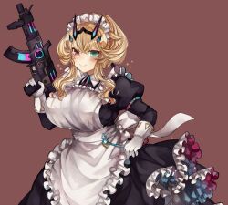 Rule 34 | 1girl, apron, barghest (fate), barghest (swimsuit archer) (fate), black dress, blonde hair, blush, breasts, brown background, closed mouth, collared dress, dress, fate/grand order, fate (series), frilled apron, frilled dress, frills, gloves, green eyes, gun, headpiece, heterochromia, highres, holding, holding gun, holding weapon, juliet sleeves, large breasts, long sleeves, looking at viewer, maid, maid apron, maid headdress, puffy sleeves, red eyes, short hair with long locks, simple background, smile, solo, sparkle, sumifate, upper body, weapon, white apron, white gloves