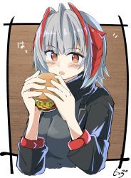 Rule 34 | absurdres, ahoge, antennae, arknights, artist name, black jacket, black scarf, burger, demon horns, eating, food, grey shirt, highres, holding, holding food, horns, jacket, looking at viewer, motsupu, open clothes, open jacket, open mouth, orange eyes, scarf, shirt, short hair, signature, silver hair, solo, upper body, w (arknights)