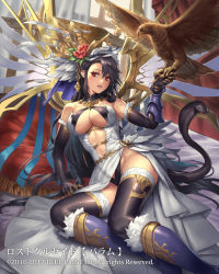 Rule 34 | 1girl, bed, bird, black hair, boots, breasts, cleavage, commentary request, crown, cuboon, eagle, elbow gloves, flower, full body, fur trim, gloves, hair between eyes, hair flower, hair ornament, highleg, highleg panties, large breasts, long hair, looking at viewer, lost crusade, navel, official art, open mouth, panties, pillow, reclining, red eyes, see-through, skirt, snake, solo, thighhighs, underboob, underwear, wings, zettai ryouiki