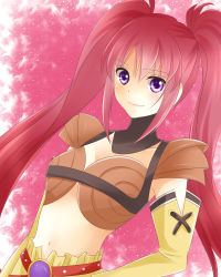 Rule 34 | 1girl, belt, blush, breasts, choker, cleavage, elbow gloves, gloves, highres, long hair, midriff, nanaly fletch, navel, purple eyes, red hair, smile, tales of (series), tales of destiny 2, twintails