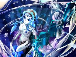 Rule 34 | 1girl, android, blue eyes, blue theme, character request, cytus, full body, petals, rama (unisonote), solo, walking