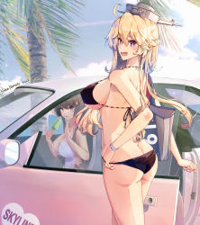 Rule 34 | 2girls, artist name, bikini, black bikini, blonde hair, blue eyes, breasts, brown hair, butt crack, car, car interior, cross-laced clothes, cross-laced one-piece swimsuit, dated, food, headgear, highres, himeyamato, iowa (kancolle), kantai collection, large breasts, long hair, motor vehicle, multiple girls, outdoors, popsicle, red eyes, sideboob, star-shaped pupils, star (symbol), swimsuit, symbol-shaped pupils, yamato (kancolle)