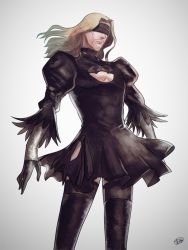 Rule 34 | 1boy, beard, black dress, black gloves, black thighhighs, blonde hair, cleavage cutout, clothing cutout, cosplay, covered eyes, crossdressing, doumu (airen), dress, facial hair, fate/apocrypha, fate (series), floating hair, gloves, grey background, hair intakes, long hair, long sleeves, male focus, mustache, nier (series), nier:automata, pleated dress, short dress, signature, solo, standing, thighhighs, turtleneck, vlad iii (fate/apocrypha), 2b (nier:automata), 2b (nier:automata) (cosplay)