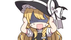 Rule 34 | 1girl, absurdres, blonde hair, bow, braid, hat, hat bow, highres, kirisame marisa, long hair, open mouth, shaded face, solo, touhou, white background, white bow, witch hat, yamada sakura