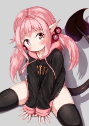Rule 34 | 1girl, between legs, black hoodie, black thighhighs, blush, bridal gauntlets, closed mouth, clothes writing, commentary request, demon girl, demon tail, drawstring, grey background, hair bobbles, hair ornament, hand between legs, head tilt, highres, hood, hood down, hoodie, long hair, long sleeves, looking at viewer, mochiyuki, original, pink hair, pointy ears, red eyes, shadow, sleeves past wrists, solo, spread legs, tail, tail raised, thighhighs
