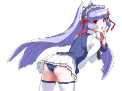 Rule 34 | 1girl, arc system works, ass, back, blue hair, blunt bangs, bow, celia (chaos code), chaos code, esaka, from behind, headdress, legs, long hair, looking back, miniskirt, necktie, open mouth, panties, pantyshot, red eyes, skirt, thighhighs, underwear, upskirt, white thighhighs