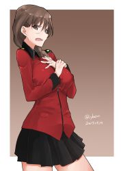 Rule 34 | 10s, 1girl, absurdres, angry, black skirt, braid, brown background, brown eyes, brown hair, commentary, cowboy shot, dated, epaulettes, from side, frown, girls und panzer, gradient background, hair ornament, hair over shoulder, hairclip, highres, irukatto, jacket, long hair, long sleeves, looking at viewer, military, military uniform, miniskirt, outside border, parted lips, pleated skirt, red jacket, rukuriri (girls und panzer), single braid, skirt, solo, st. gloriana&#039;s military uniform, standing, twitter username, uniform