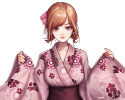 Rule 34 | 1girl, :3, artist name, asian, breasts, bright pupils, brown hair, character request, closed mouth, collarbone, commentary, copyright request, eyelashes, eyeshadow, floral print, flower, hair flower, hair ornament, highres, japanese clothes, kimono, large breasts, long sleeves, looking at viewer, makeup, nostrils, obi, ony saputra, outstretched arms, pink eyes, pink eyeshadow, pink kimono, pink sash, real life, sash, short hair, simple background, smile, solo, swept bangs, thick eyebrows, upper body, white background, white pupils, wide sleeves, yukata