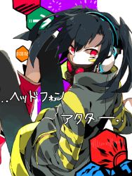 Rule 34 | 1girl, bandaid, bandaid on face, black hair, black legwear, collared jacket, enomoto takane, gas mask, headphone actor (vocaloid), hood, hoodie, jacket, kagerou project, long hair, looking at viewer, looking back, mask, red eyes, solo, striped clothes, striped jacket, twintails, vocaloid, wonoco0916