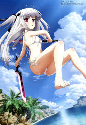 Rule 34 | 10s, 1girl, absolute duo, absurdres, ahoge, ass, bare legs, barefoot, bikini, blunt bangs, blush, body blush, breasts, cloud, day, dual wielding, dutch angle, feet, floating hair, from below, full body, hair bobbles, hair ornament, hair ribbon, highres, holding, holding weapon, jumping, legs, long hair, looking at viewer, looking back, megami magazine, navel, official art, outdoors, palm tree, parted lips, purple eyes, ribbon, rock, scan, side-tie bikini bottom, sideboob, sidelocks, sky, small breasts, solo, string bikini, swimsuit, sword, toes, tree, two side up, water, weapon, white bikini, white hair, yamada yuuko, yurie sigtuna