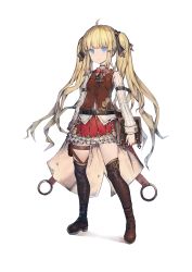 Rule 34 | 1girl, absurdres, ahoge, ascot, bad id, bad pixiv id, belt, belt buckle, blonde hair, blue eyes, book, boots, bow, bowtie, breasts, brown belt, brown bow, brown footwear, brown neckwear, brown thighhighs, brown vest, buckle, frilled skirt, frills, full body, hair bow, highres, holding, holding book, long hair, long sleeves, looking at viewer, original, parted lips, red neckwear, red skirt, ribbed shirt, shirt, skirt, small breasts, solo, standing, thigh boots, thighhighs, transparent background, tsubaki (yi), twintails, v-shaped eyebrows, very long hair, vest, white shirt