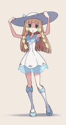 Rule 34 | 1girl, bad id, bad twitter id, blonde hair, braid, creatures (company), dress, full body, game freak, green eyes, hat, highres, lillie (pokemon), long hair, looking at viewer, nintendo, open mouth, pokemon, pokemon (creature), pokemon sm, revision, sleeveless, sleeveless dress, solo, sun hat, twin braids, white dress, yoshi (moco1)