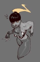 Rule 34 | 1girl, black hair, breasts, gloves, grey background, jankojaro, large breasts, looking to the side, monochrome, muscular, muscular female, original, ponytail, smile, tight clothes, yellow eyes