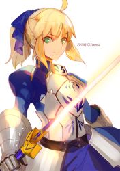 Rule 34 | 1girl, ahoge, armor, armored dress, artoria pendragon (all), artoria pendragon (fate), blonde hair, blue dress, blue ribbon, breastplate, closed mouth, collared dress, commentary, dress, english commentary, excalibur (fate/stay night), fate/stay night, fate (series), gauntlets, green eyes, hair between eyes, hair ribbon, holding, holding sword, holding weapon, long hair, long sleeves, looking at viewer, ponytail, puffy long sleeves, puffy sleeves, ribbon, saber (fate), sidelocks, simple background, smile, solo, sword, twitter username, upper body, weapon, weed (astarone), white background