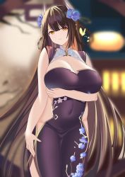 Rule 34 | 1girl, absurdres, arm under breasts, azur lane, blurry, blurry background, breasts, brown hair, china dress, chinese clothes, cleavage, cleavage cutout, clothing cutout, depth of field, dress, floral print, flower, hair flower, hair ornament, hiei (azur lane), hiei (fragrant red plum) (azur lane), highres, huge breasts, long hair, looking at viewer, official alternate costume, purple dress, purple flower, side slit, sleeveless, sleeveless dress, solo, thighs, tnr (horiko1525), very long hair, yellow eyes