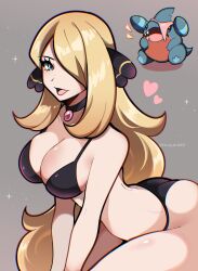 Rule 34 | 1girl, :d, alternate eye color, ass, bikini, black bikini, black choker, blonde hair, blue eyes, breasts, choker, cleavage, commentary, creatures (company), cynthia (pokemon), english commentary, game freak, gen 4 pokemon, gible, hair ornament, hair over one eye, highres, large breasts, long hair, looking at viewer, nintendo, open mouth, pokemon, pokemon (creature), pokemon dppt, smile, swimsuit, thick thighs, thighs, touyarokii, very long hair