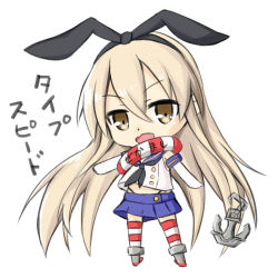 Rule 34 | 1girl, anchor hair ornament, blonde hair, brown eyes, chibi, commentary, elbow gloves, gloves, hair ornament, hairband, kame rider, kamen rider, kamen rider drive, kamen rider drive (series), kantai collection, lifebuoy, long hair, miniskirt, navel, parody, pleated skirt, sailor collar, shimakaze (kancolle), skirt, solo, striped clothes, striped thighhighs, swim ring, thighhighs, translated