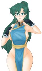 Rule 34 | 1girl, bare shoulders, blush, breasts, china dress, chinese clothes, curvy, dress, earrings, embarrassed, facing viewer, female focus, fingerless gloves, fire emblem, fire emblem: the blazing blade, fire emblem heroes, gloves, green eyes, green hair, hair between eyes, highres, jewelry, large breasts, long hair, looking at viewer, lyn (fire emblem), nintendo, no panties, open mouth, ponytail, solo, standing, thighs, transparent background, tridisart, wide hips