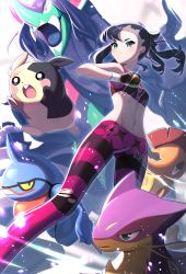 Rule 34 | 1girl, absurdres, asymmetrical bangs, black hair, breasts, closed mouth, creatures (company), crop top, dusk ball, dynamax band, ear piercing, feet out of frame, fighting stance, fingerless gloves, floating hair, game freak, gen 4 pokemon, gen 5 pokemon, gen 8 pokemon, gloves, green eyes, grimmsnarl, hair ribbon, highres, holding, holding poke ball, liepard, marnie (pokemon), midriff, morpeko, morpeko (full), navel, nintendo, official alternate costume, pants, piercing, poke ball, pokemon, pokemon (creature), pokemon swsh, ribbon, scrafty, single fingerless glove, small breasts, sports bra, stomach, takom, tight clothes, tight pants, torn clothes, torn legwear, toxicroak, twintails, two side up