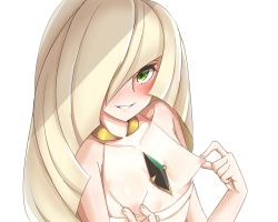 Rule 34 | 10s, 1girl, bare shoulders, blonde hair, blush, breasts, creatures (company), crystal, empty eyes, female focus, game freak, gem, green eyes, green gemstone, hair over one eye, kiiji maharu, long hair, looking at viewer, lusamine (pokemon), nintendo, nipple stimulation, nipple tweak, nipples, pokemon, pokemon sm, small breasts, smile, solo, topless, topless frame, upper body, white background