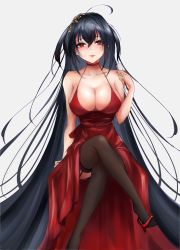 Rule 34 | 1girl, absurdly long hair, ahoge, alcohol, armpit crease, azur lane, bare arms, bare shoulders, black hair, black thighhighs, blush, breasts, carrot (robosquat), champagne flute, cleavage, collarbone, crossed legs, cup, dress, drinking glass, grey background, hair between eyes, hair ornament, high heels, highres, holding, holding cup, huge breasts, large breasts, long hair, looking at viewer, official alternate costume, red dress, red eyes, red footwear, simple background, sitting, sleeveless, sleeveless dress, smile, solo, taihou (azur lane), taihou (forbidden feast) (azur lane), thighhighs, very long hair