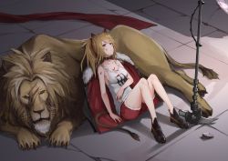 Rule 34 | 1girl, animal, animal ear fluff, animal ears, arknights, bad id, bad pixiv id, black footwear, black jacket, blood, blood on clothes, blood on face, breasts, brown eyes, brown hair, cleavage, collarbone, commentary request, cutoffs, cuts, fur-trimmed jacket, fur trim, highres, injury, jacket, unworn jacket, jilu, lion, lion ears, lion girl, lion tail, medium breasts, red shorts, scar, scar on face, shirt, shoes, short shorts, shorts, siege (arknights), solo, tail, tank top, tile floor, tiles, weapon, white shirt