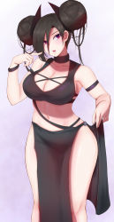 Rule 34 | 1girl, agent (girls&#039; frontline), armlet, asymmetrical hair, bikini, bikini top only, black bikini, black hair, bracelet, breasts, choker, cleavage, clothes lift, commentary request, cowboy shot, double bun, finger to cheek, girls&#039; frontline, grey background, hair between eyes, hand up, highres, jewelry, large breasts, looking to the side, looking up, messy hair, navel, open mouth, pao mian+dan, purple eyes, sangvis ferri, sarong, sarong lift, solo, swimsuit, thighs, tsurime