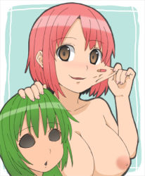 Rule 34 | androgynous, bodysuit, breasts, brown eyes, cosplay, costume, creepy, gender request, green hair, holding, kigurumi, large breasts, looking at viewer, lowres, mask, nipples, pink hair, short hair, skin tight, smile, solo, stretching