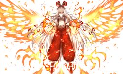 Rule 34 | &gt;:), 1girl, arm garter, bad id, bad nicoseiga id, baggy pants, blunt bangs, bow, dress shirt, fiery wings, fire, fujiwara no mokou, full body, hair bow, kankan33333, long hair, looking at viewer, ofuda, orange eyes, pants, parted lips, puffy short sleeves, puffy sleeves, red footwear, red pants, shaded face, shirt, shoes, short sleeves, silver hair, smile, solo, spread wings, standing, suspenders, torn clothes, torn sleeves, touhou, tsurime, v-shaped eyebrows, very long hair, white shirt, wings