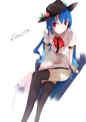 Rule 34 | 1girl, adapted costume, arm support, black hat, black thighhighs, blue bow, blue hair, bow, crossed legs, dress, food, fruit, hat, highres, hinanawi tenshi, large bow, long dress, long hair, looking at viewer, peach, red bow, shadow, short sleeves, simple background, sitting, solo, tetsurou (fe+), thighhighs, thighs, touhou, twitter username, white background, white dress