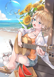 Rule 34 | 1girl, bad id, bad pixiv id, beach, blue eyes, blush, breasts, brown hair, camisole, cat, cleavage, collarbone, day, denim, denim shorts, flower, food, fruit, guitar, holding, holding instrument, instrument, jewelry, large breasts, looking at viewer, necklace, ocean, open mouth, photoshop (medium), sandals, shirt, short hair, short shorts, shorts, sitting, sky, smile, solo, summer lesson, sunflower, tom sun, watermelon, white shirt, wind chime