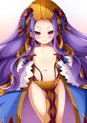 Rule 34 | &gt;:), 1girl, blush, collarbone, covering nipples, covering privates, fate/grand order, fate (series), flat chest, gloves, headpiece, highres, long hair, looking at viewer, morokoshi (tekku), navel, pelvic curtain, purple eyes, purple gloves, purple hair, smile, solo, thighs, v-shaped eyebrows, very long hair, wide sleeves, wu zetian (fate)