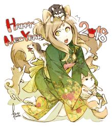 Rule 34 | 1girl, 2018, animal, animal ears, bell, brown hair, chinese zodiac, closed mouth, dog, dog ears, dog tail, fingernails, floral print, hair bell, hair ornament, happy new year, highres, holding, holding animal, holding dog, japanese clothes, kimono, kyo (kuroichigo), long hair, nail polish, new year, open mouth, original, pink nails, seigaiha, short eyebrows, simple background, surprised, sweat, tail, teeth, tongue, tongue out, upper teeth only, white background, year of the dog, yellow eyes